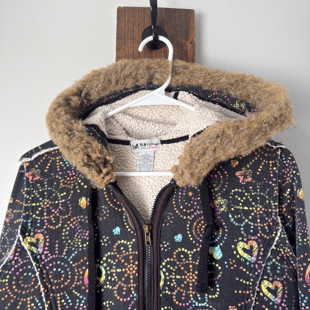 Self Esteem Y2K Black Sherpa Hoodie Womens L Rainbow Peace Heart Faux Fur Zip Up - Picture 3 of 16